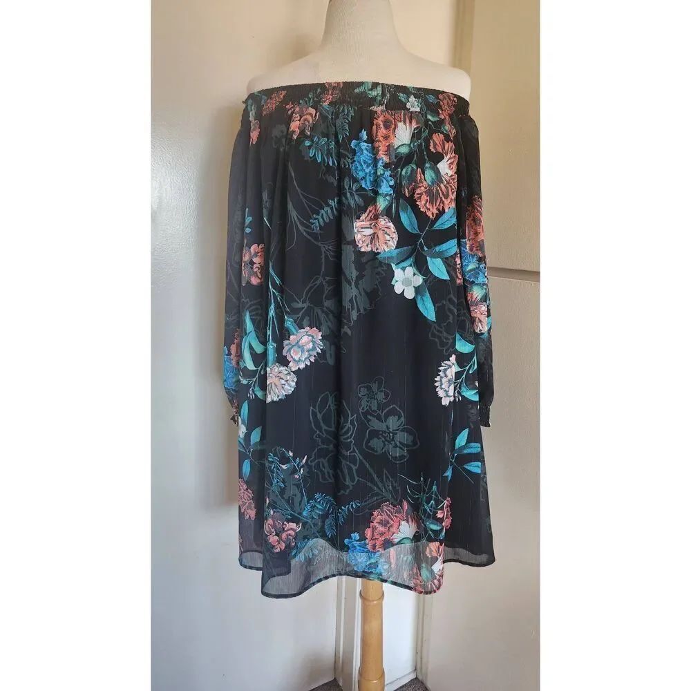 Eci| Blk Floral Prt. Chiffon Lined Knee Lgth. Dress/Tunic, Slvr Accents, NWOT, L